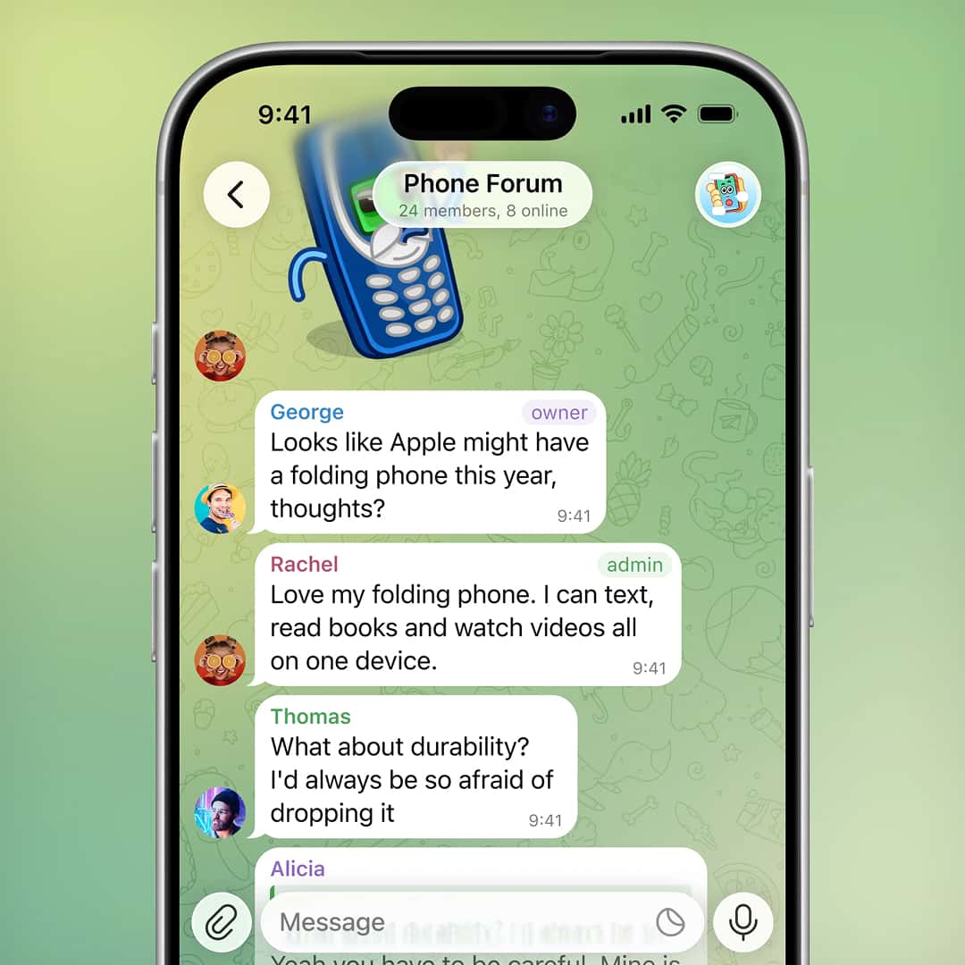 Tags für Mitglieder, Anmeldung mit Telegram, Teilen in Chats deaktivieren,  GIF-Bearbeitung, Datumsformatierung, Zeitstempel für Umfragen