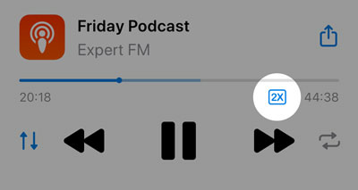 Zrzut ekranu przedstawiający lokalizację przycisku odtwarzania 2x dla długich plików audio.