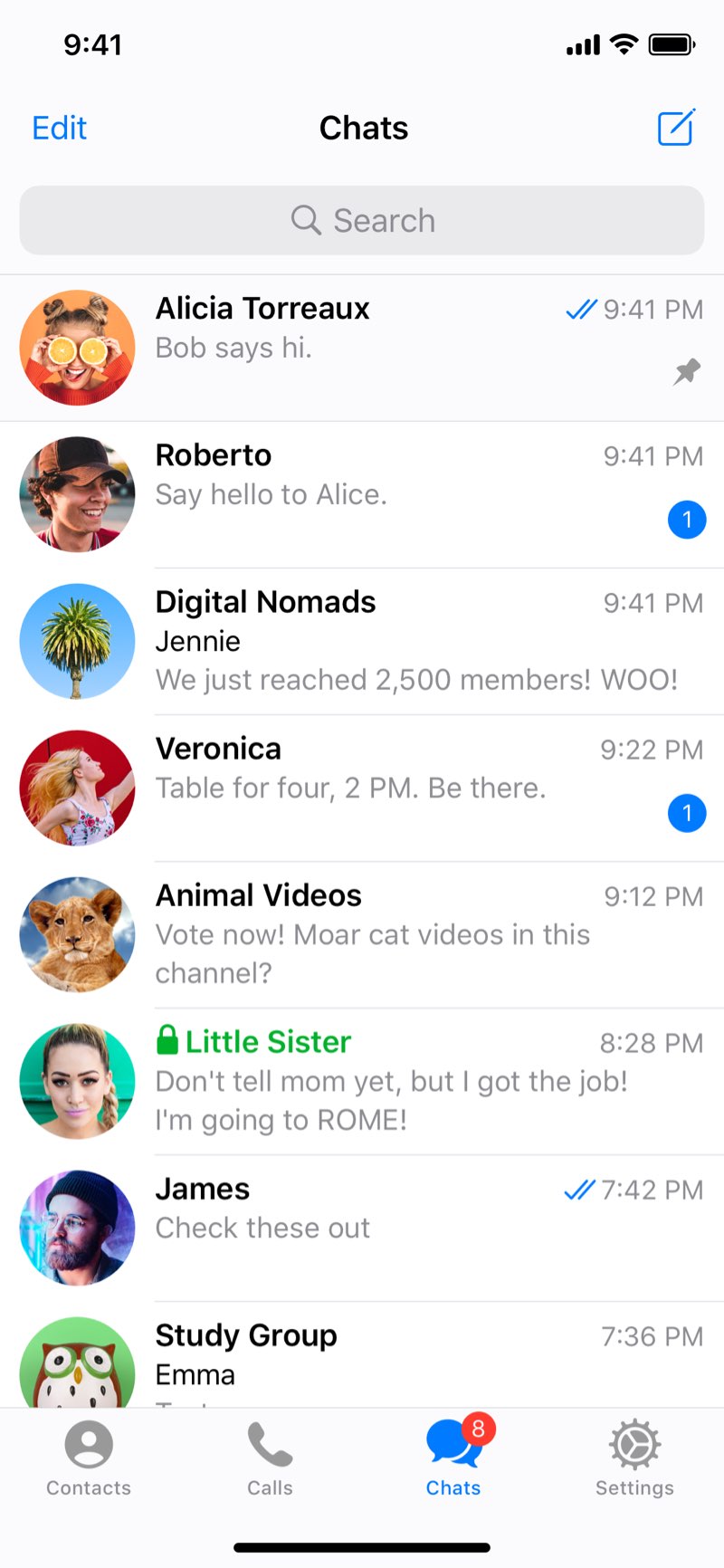List of chats, main screen of the Telegram app
