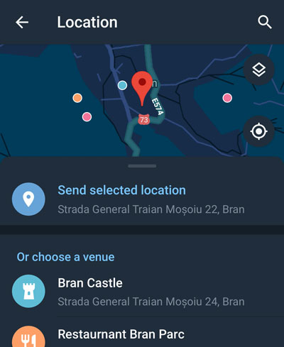 Una posizione condivisa su una mappa in modalità notturna su Telegram per Android.