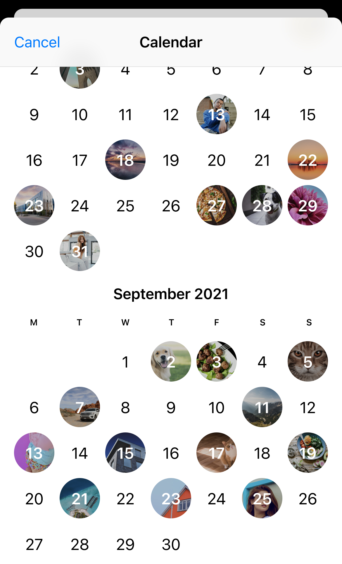 Vista de calendario en la multimedia compartida