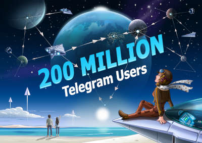 Telegram lady in aviator costume leans against her spacecraft on an alien beach, watching a sky full of paper-plane-shaped spaceships traveling between planets.