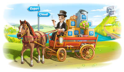 O cara do Telegram anda em uma carroça puxada por cavalos com caixas longe de um grande cofre nas nuvens.