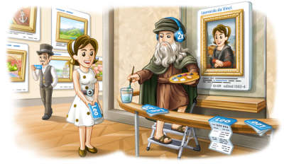 The Telegram lady approaches Leonardo da Vinci who is busy refreshing his Mona Lisa in the Louvre museum. He is wearing 2X headphones and is also offering booklets which likely symbolize vCards.
