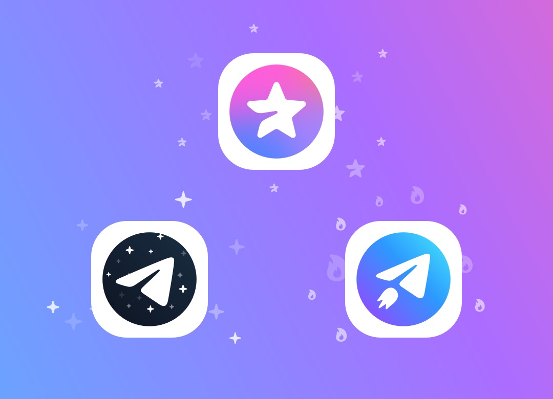 A picture of the premium app icons you unlock with Telegram premium. Their logo on a black, starry background, the premium logo (a star) on a blue and pink gradient, and their logo with a rocket engine on a blue background.