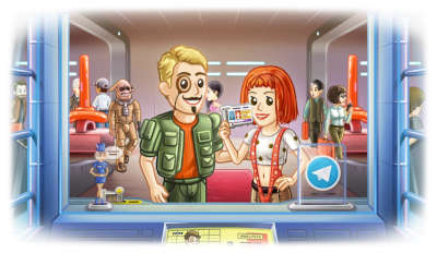Telegram people show their IDs at a counter while dressed up as Korben and Lilu Dallas from the 'Fifth Element'.