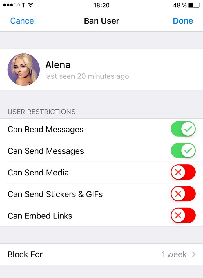 ban user settings on the telegram hookup group